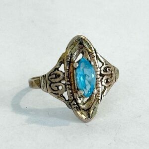 Vintage Sterling Silver & Blue Stone Victorian Style Openwork Ring Size 7.25